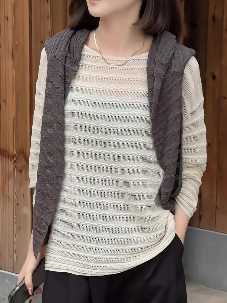 

Женский вязаный топ в стиле ретро с вырезами, легкий, с защитой от солнца, круглый вырез, дышащий, модный летний пуловер