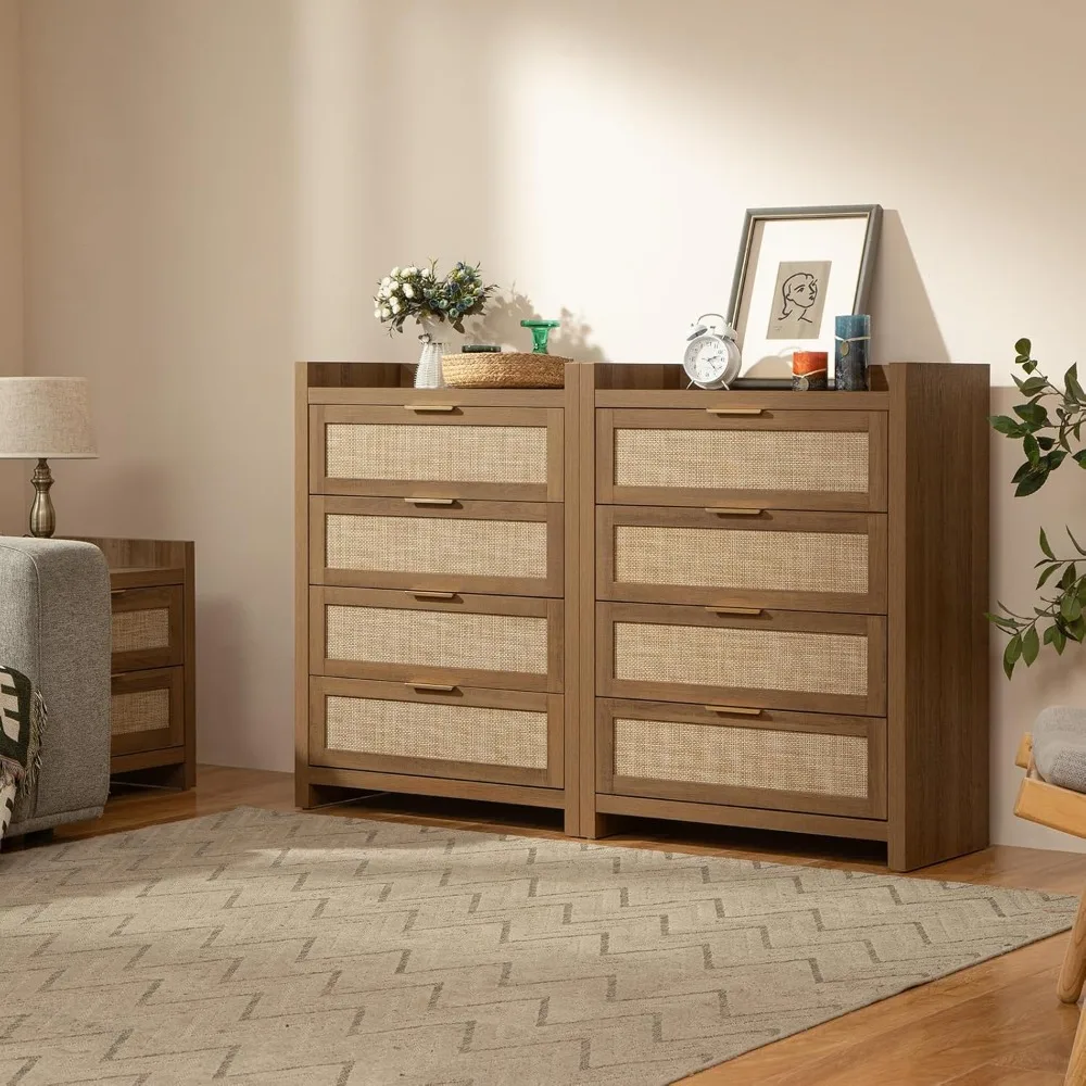 

Dresser for Bedroom Chest of Drawers 46" Tall Dresser for Closet w/5 Rattan Drawers Nightstands Set of 2 ,No Assembly Required