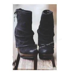 Black Wedge Platform Boots Zipper Mid Calf Patchwork Fashion Sexy 2025 Summer Casual Big Size Woman Shoes Zapatillas Mujer