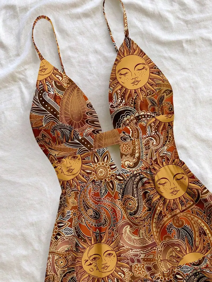 

Women V-Neck Hollow Out Ruffled Mini Dress With Sun And Paisley Print For Summer Vacation