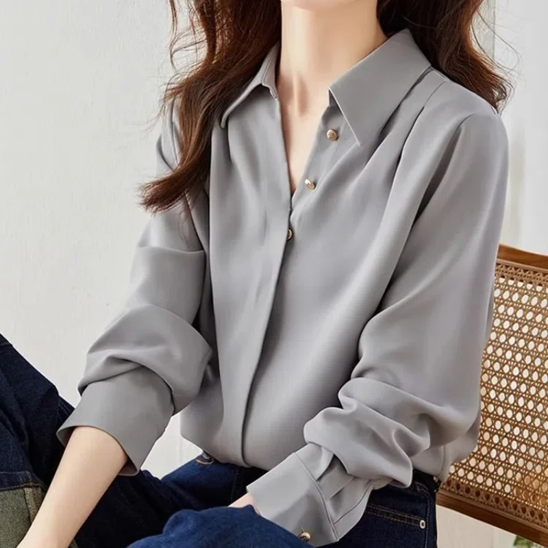 New Spring Autumn Long Sleeve Polo Neck Loose Office Blouse Solid Simplicity Elegant Shirt Tops Vintage Fashion Women Clothing