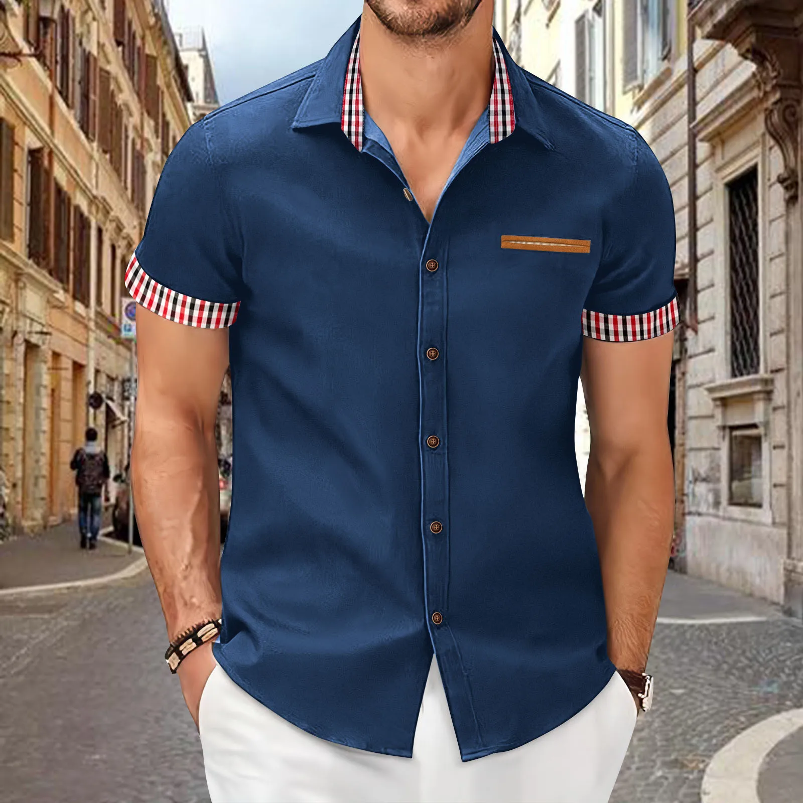 Men's shirt Short Sleeve Cotton Casual Plaid Pockets Loose Street Preppy High Quality Cardigan