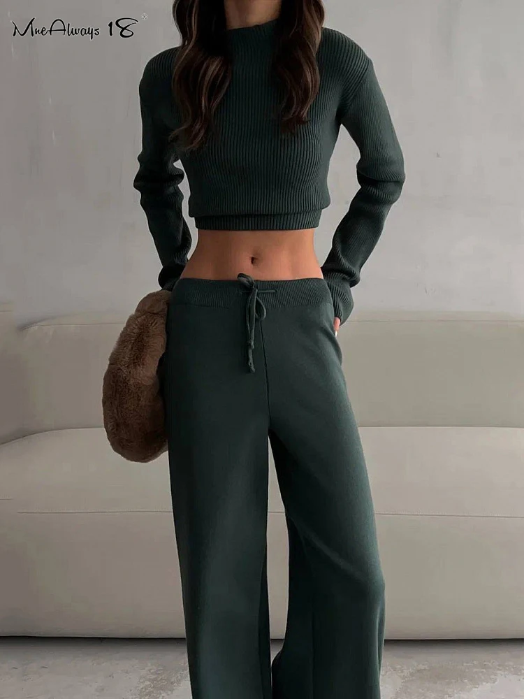 Mnealways18 Winter Ribbed Knitted Pants Sets Two Pieces Slim Sweater And Warm Pants Outfits Office Ladies 2-Piece Outfits 2024