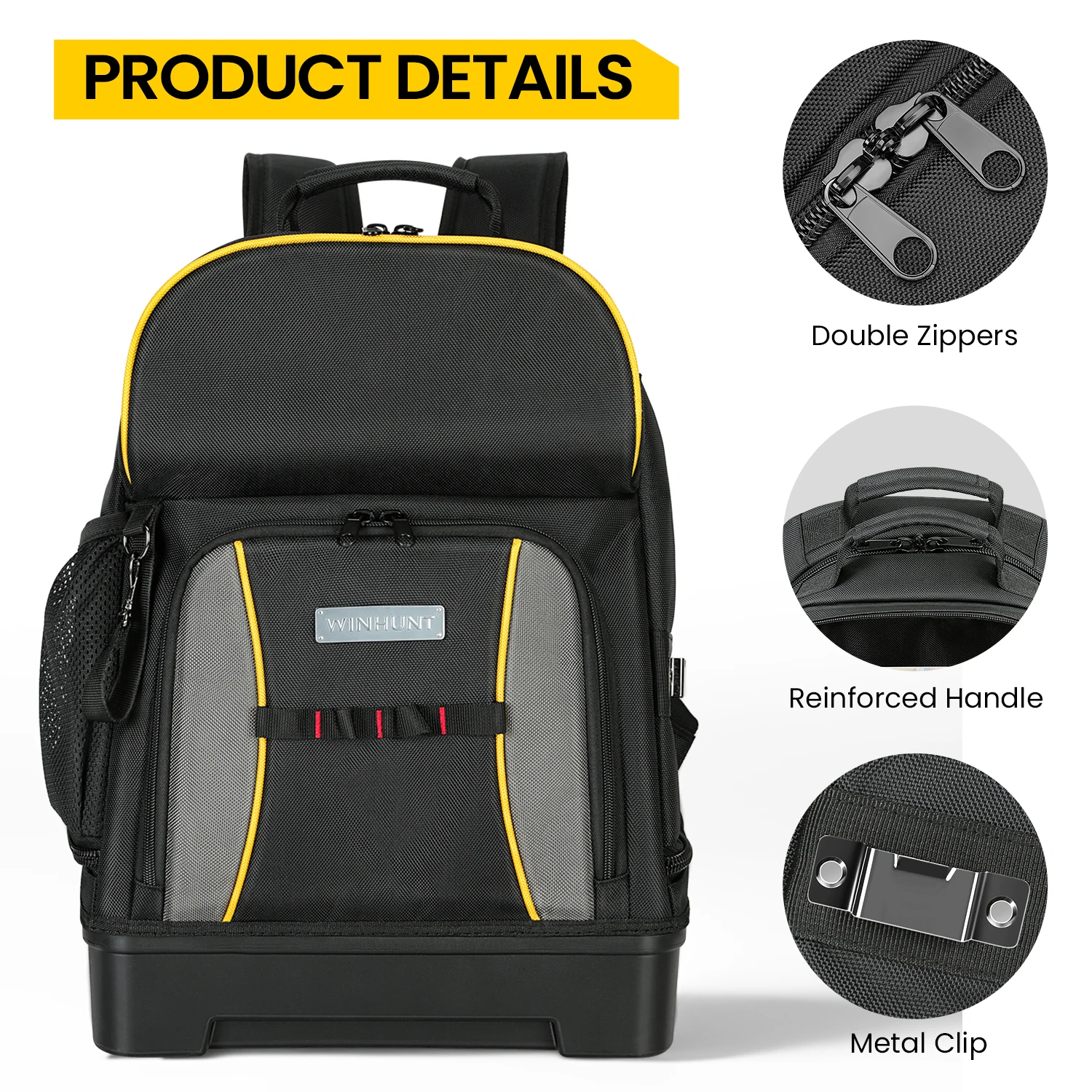 WINHUT，Tool Backpack with Hard Base and 27 Storage Compartments for Large-Capacity Storage (with Black Base and Yellow Trim)