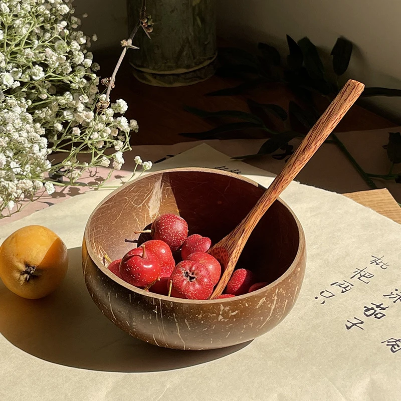 1pc Dessert Fruit Salad Mixing Rice Fork Spoon Natural Coconut Bowl Wooden Handmade Coconut Bowls Tableware