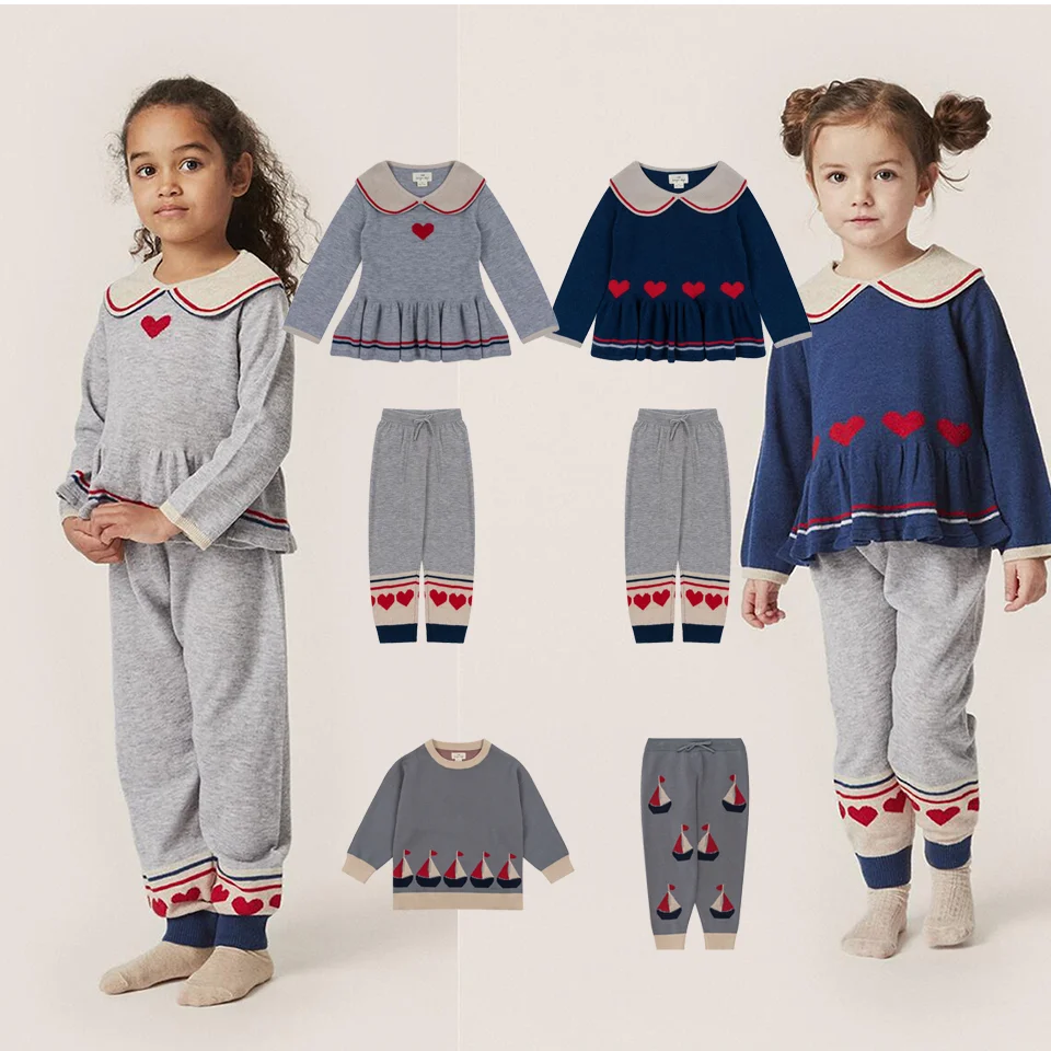 KS Brand Toddler Gir Clothes Set Children Sweater Pant Suit Kids Knit Sweater Navy collar Sailboat Long Sleeve Kids Pullover