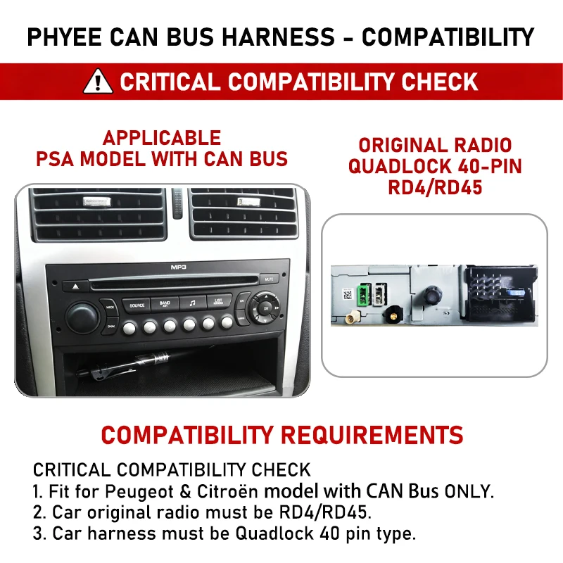 CAN Bus Harness for Peugeot 207 208 308 Citroen C3 C4, 40Pin Quadlock Adapter with Decoder, SWC Retention,16Pin Android Cable