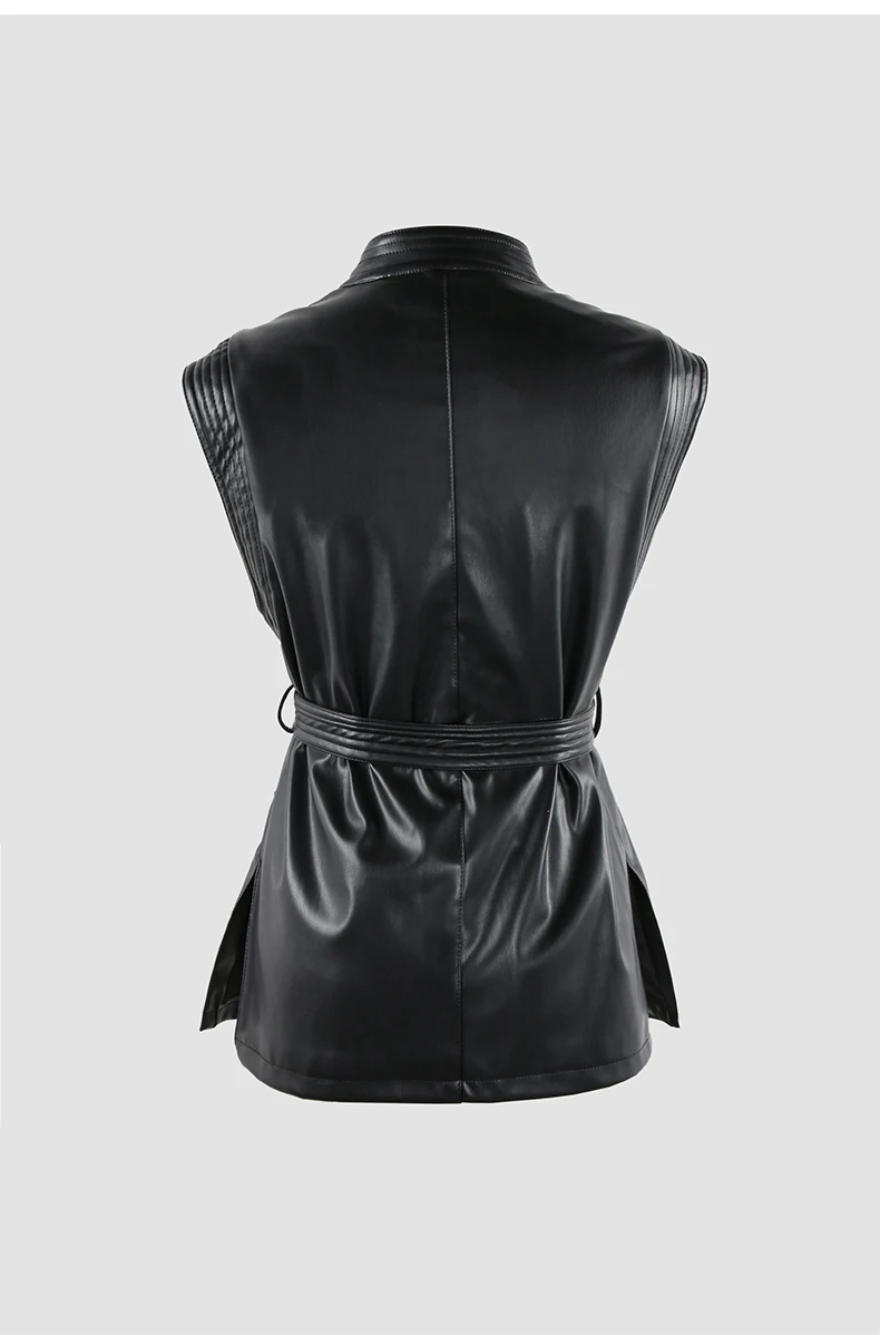 Mauroicardi Spring Short Black Soft Pu Leather Vest Women with Side Slit Sashes Stand Collar Luxury Chic Sleeveless Jacket 2025