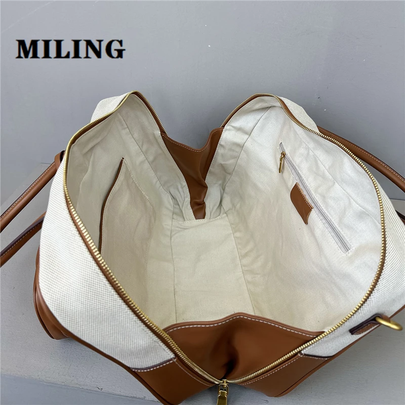 Women Cowhide Patchwork Canvas Handbag Large Capacity Commuting Bowling Bag Gold-tone Zip Square Handbag With Shoulder Strap