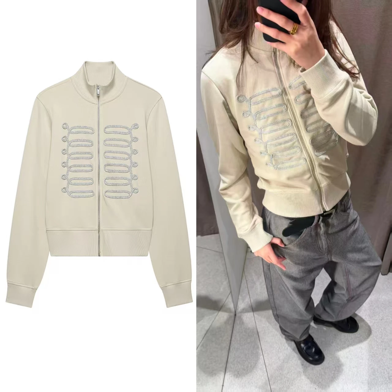 Guobioziy 2026 Fall New Women's Jacket Beige Long-Sleeve with Rope Knot Button Decorative Casual Jacket Parka Stylish and Trendy