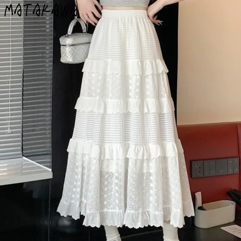 

Matakawa Ruffles Women Skirts Solid Lace Spring Autumn Sweet A-line Faldas Mujer Korean Fashion Elegant Simple Long Skirt