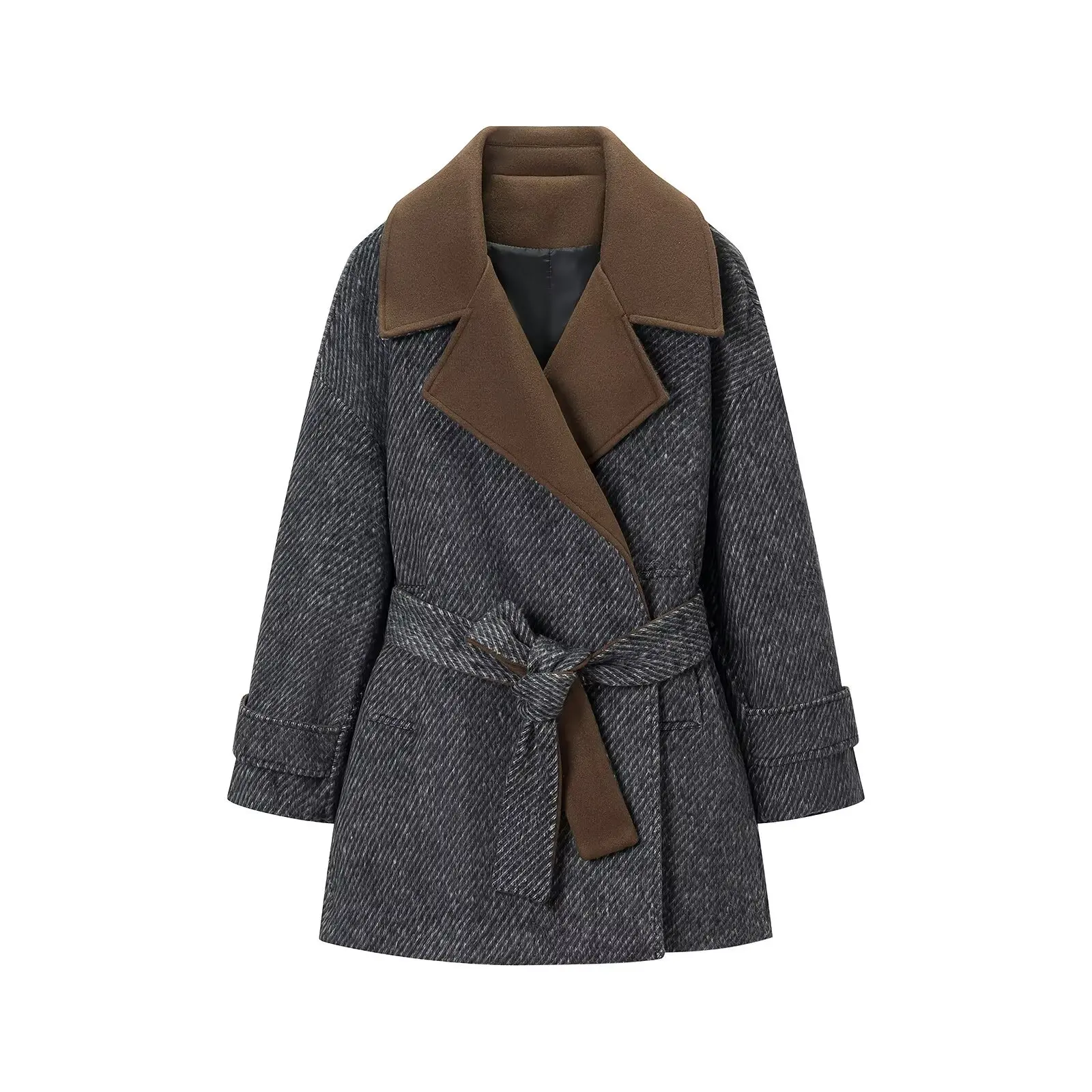 Women Striped Elegant Retro Woolen Coats Autumn Winter Female Color-Blocking Design Coats With Belt Lady Loose Casual Jackets