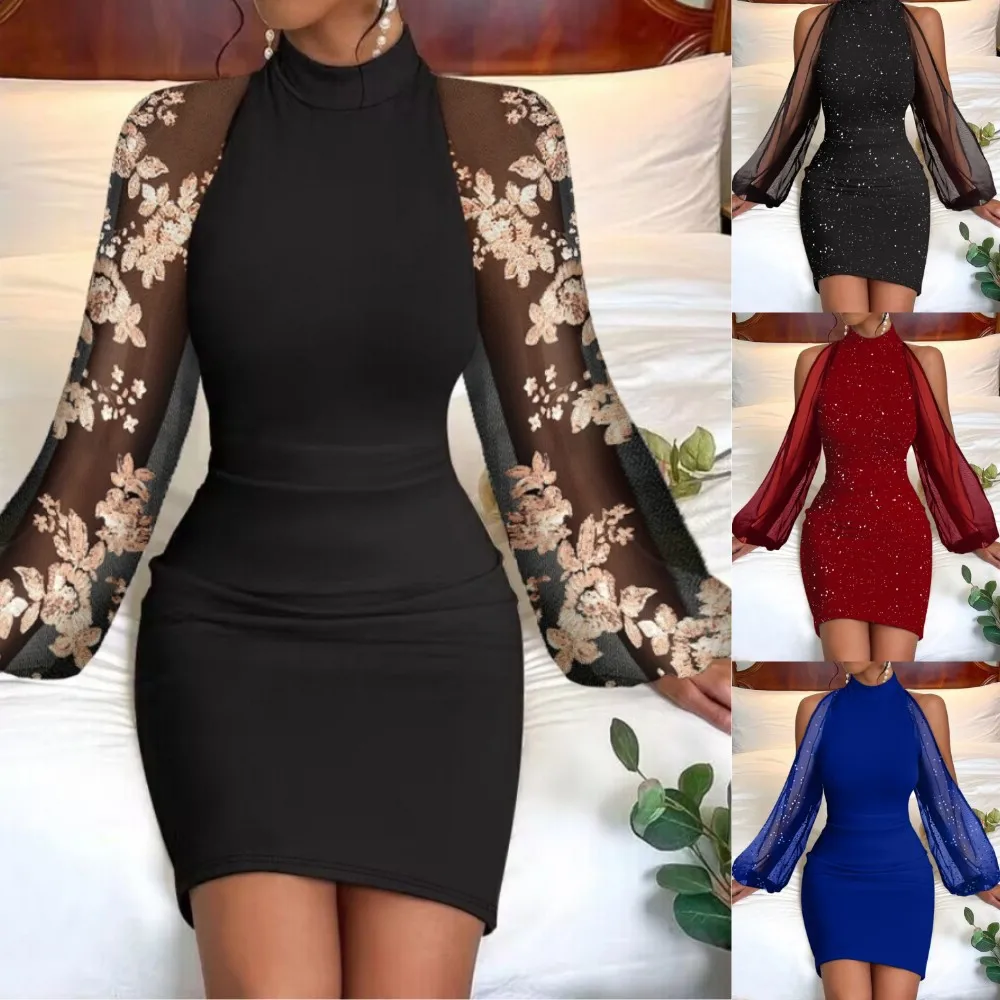 Vestidos de festa para mulheres 2025 nova primavera elegante renda lanterna manga longa malha retalhos bodycon vestidos para mulheres sexy clubwear