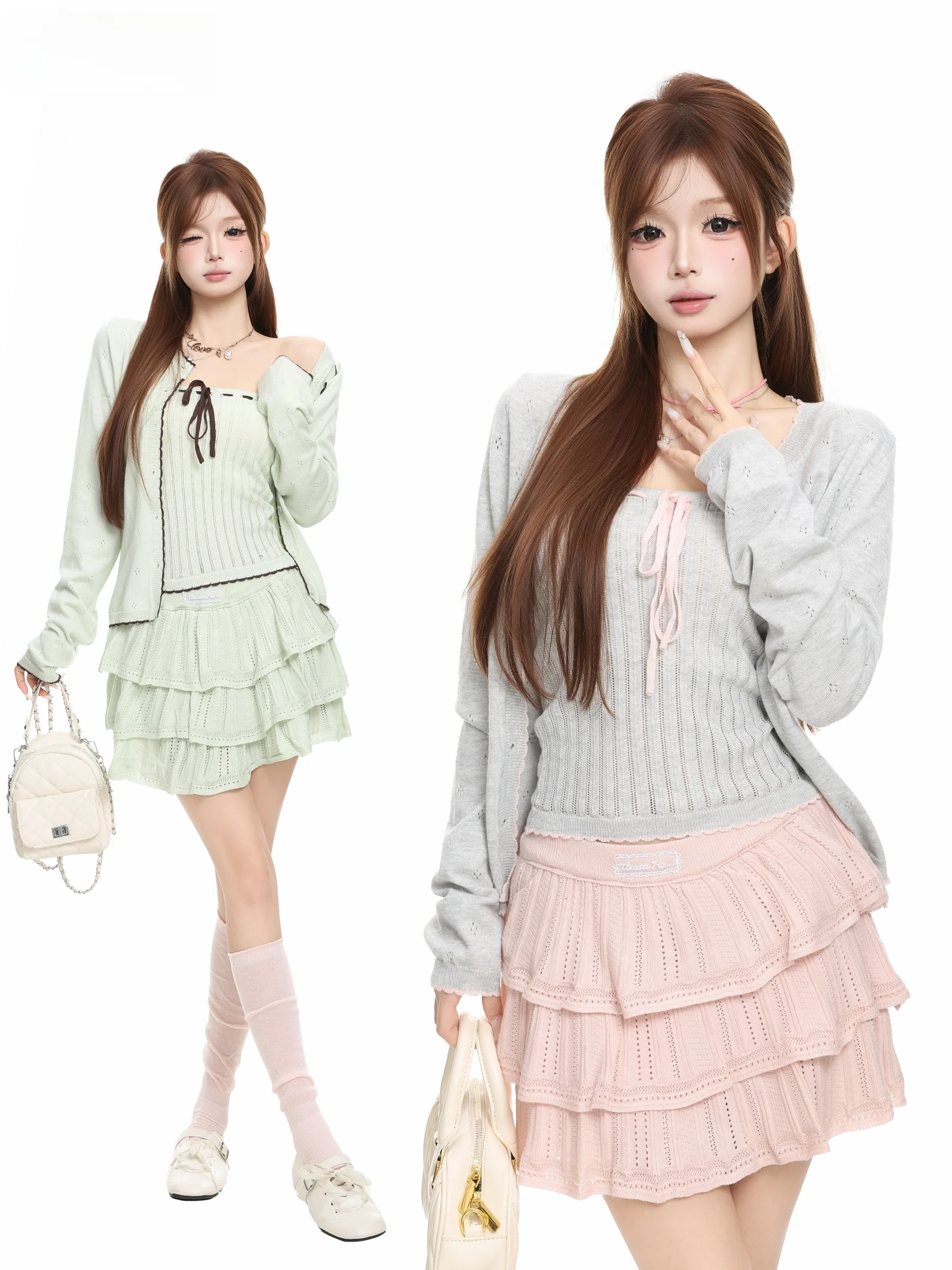 BASTERDS Korean Style Lace Trim Hollow out round Neck Knitted Sweater Women's Fall New Belted Vest Cardigan Two Piece Set
