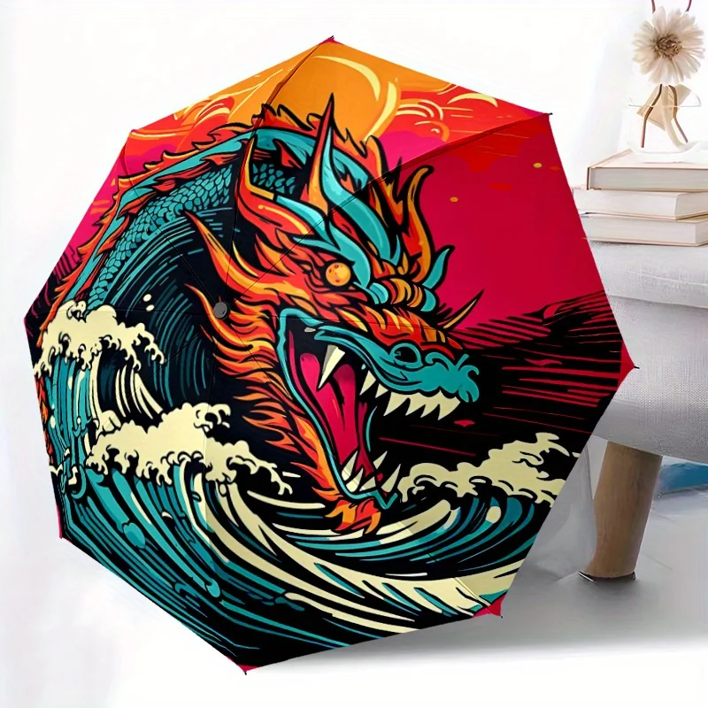 

1pc Ocean Dragon Automatic Umbrella with Auto Open/Close Button, Folding Compact Travel Umbrella, 8-Rib Sturdy Canopy, Lightwe