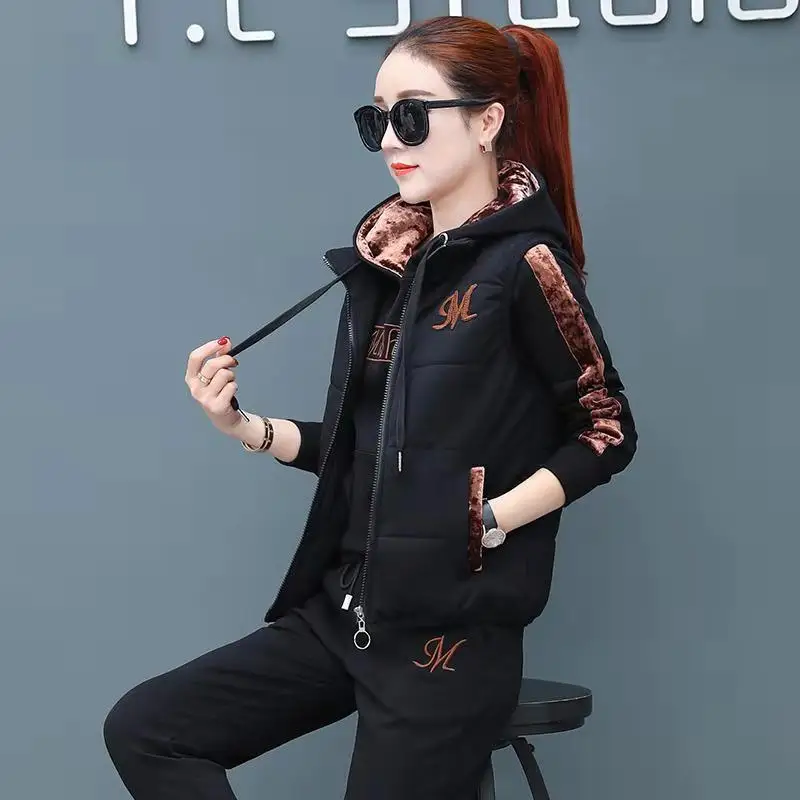 Women 3 Three Pieces Sets Autumn Winter Sweat Suit Sports Suit Hooded Jacket Trouser Vest Fleece Thickened Woman Clothing Trend