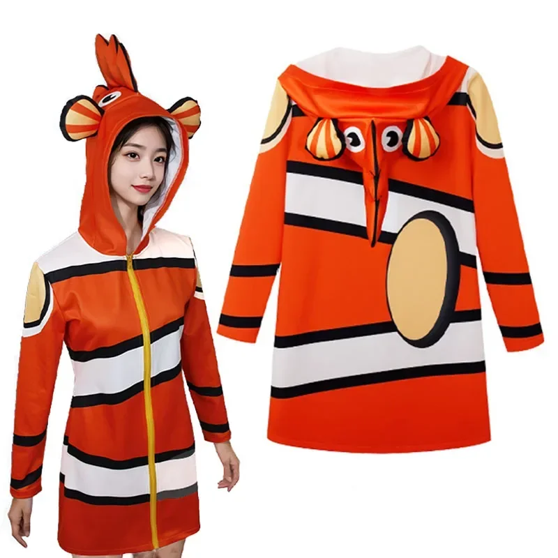 Movie Finding Nemo Role Play Clownfish Cosplay Women Animal One Piece Hooded Dress Adult Marlin Clown Fish Halloween Costume