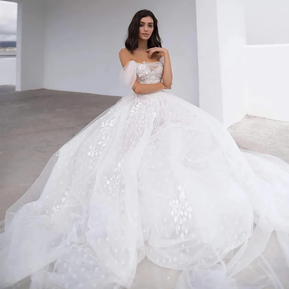 Vestido De novia De princesa De playa personalizado con hombros descubiertos, corte en A, cola De barrido, vestido De novia De red, largo hasta el suelo para mujer