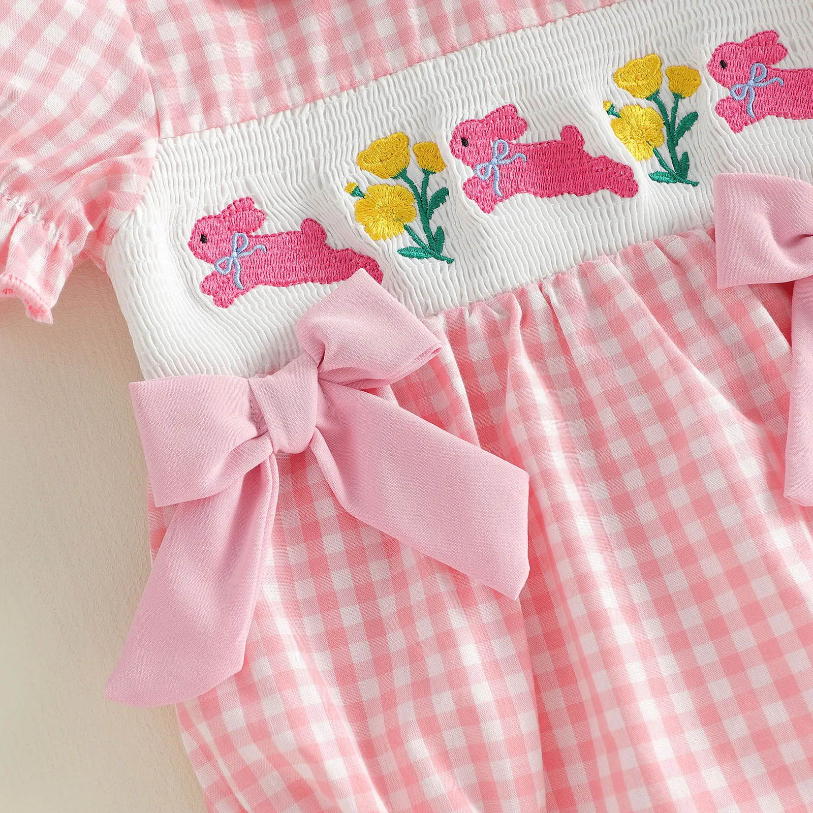 

Baby Girls Easter Plaid Romper Cute Bunny Embroidery Short Bubble Sleeve Bodysuits Jumpsuit with Headband Easter Costume