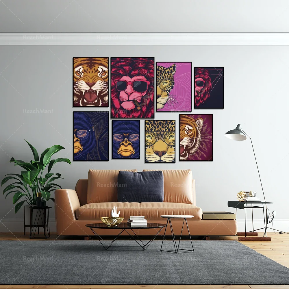 Gradient cheetah, lion head, roaring tiger head terracotta prints, gorilla half face full face hipster aesthetic art retro poste