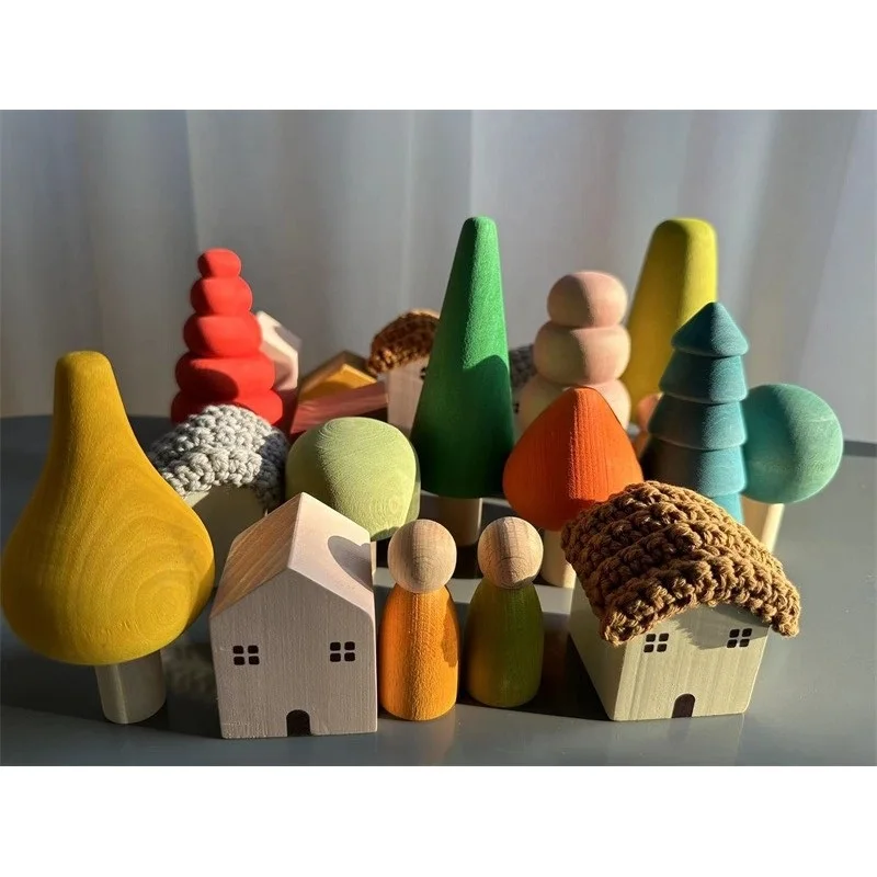 Kids Wooden Toys Pastel Nordic Buiding Blocks Stacking Crochet House Animals Rainbow Forest Trees