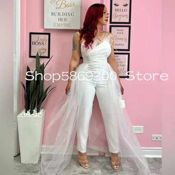 Aso Ebi African Jumpsuit Wedding Dresses with Overskirt Feather Strapless Corset Top Birdal Gown Pant Suit Outfit Customsized