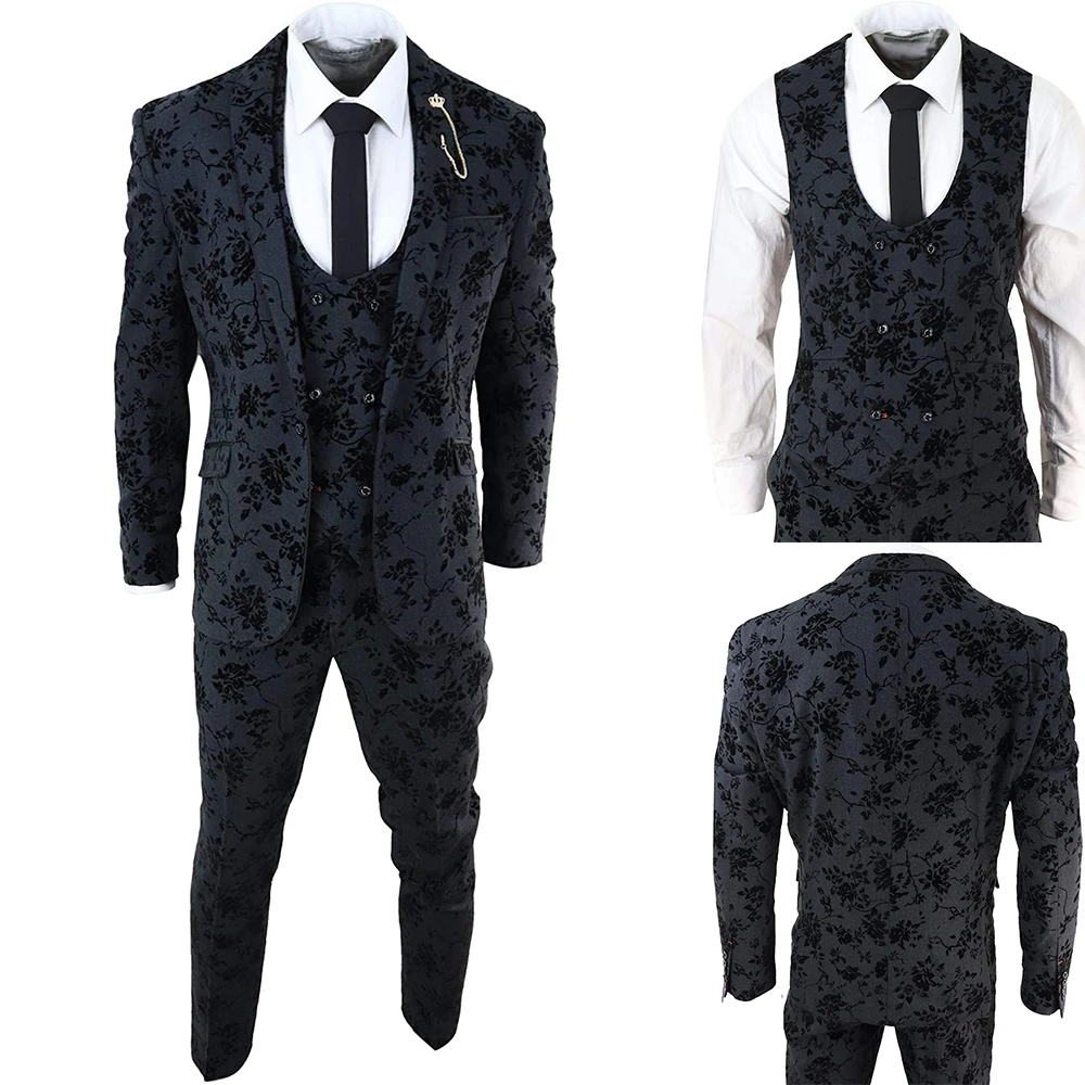 Costumes de mariage jacquard floraux pour hommes, smokings à revers châle, coupe couvertes, vêtements de marié, bureau d'affaires, veste 3 pièces, pantalon et vernis