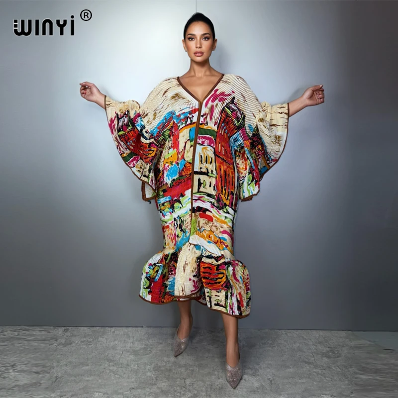 WINYI Boho Plissiertes Schmales Kleid für Muslimische Frauen, Elastisches Strandkleid, Kaftan, Abaya im Dubai-Stil, Luxuriöses Langes Kleid für den Urlaub.