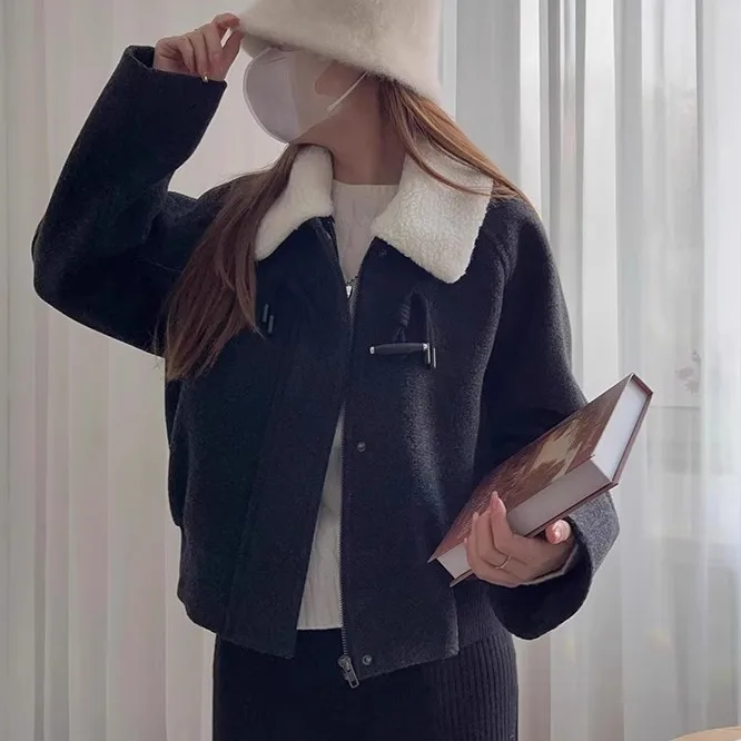 

Warm Faionable ort Woolen Jaet Women's Lamb Fur Collar Button up Coat Straight Cut Sle Regular Sve Long Autumn Winter