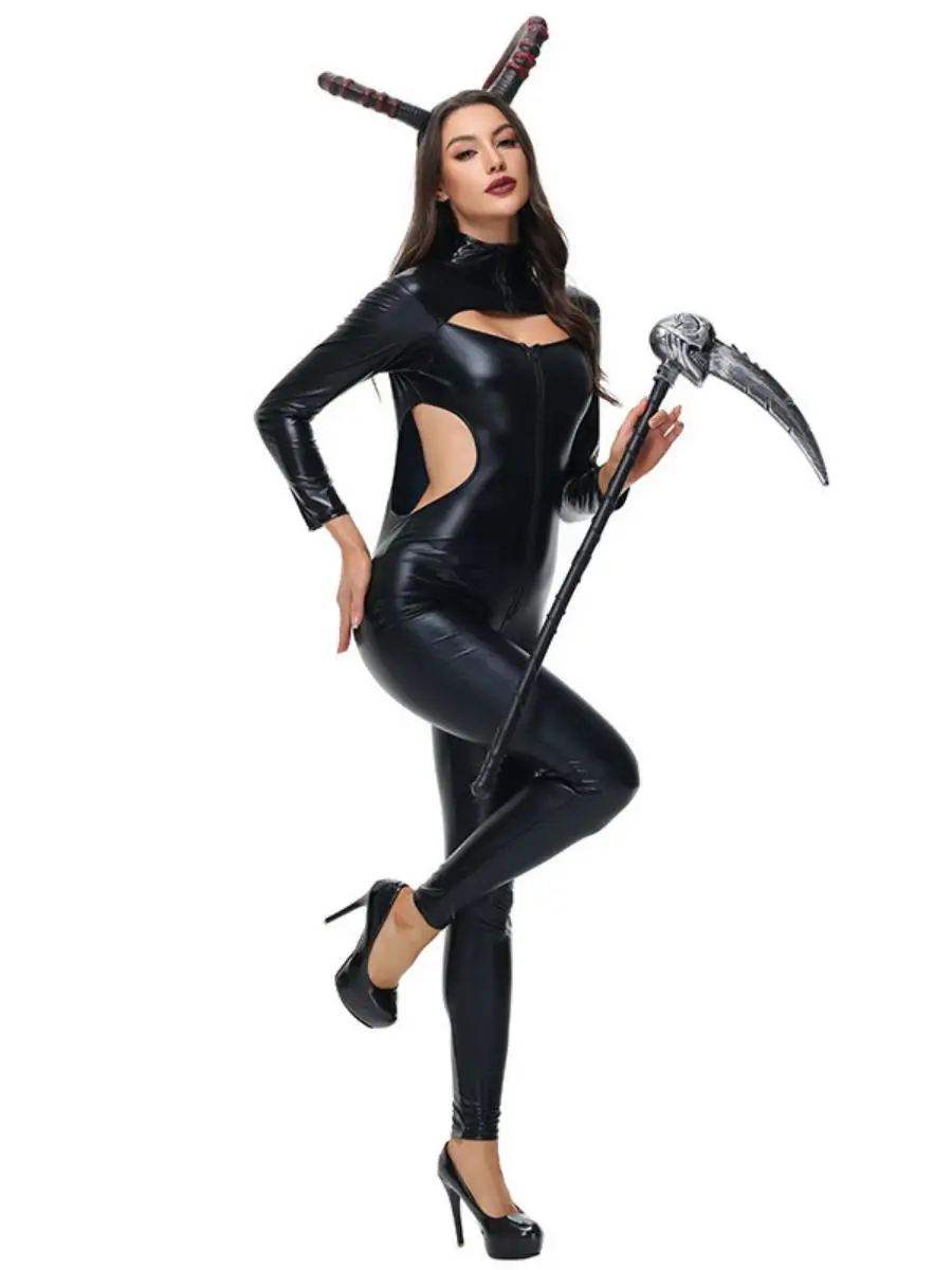 Gothic k Halloween Kostüm Bla Leder Hexe Gehörntes Outfit Damen Faion Bühnenaufführung Traditionelles Hanfu