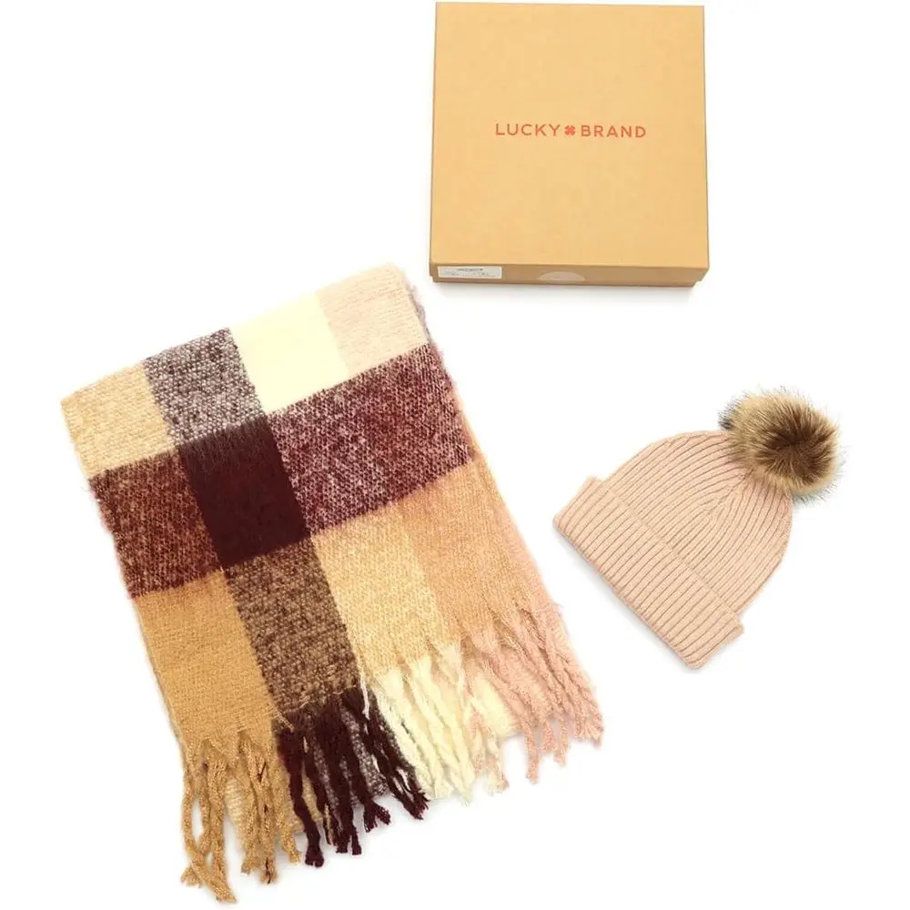 طقم وشاح نسائي منسوج وقبعة بوم - علبة هدية