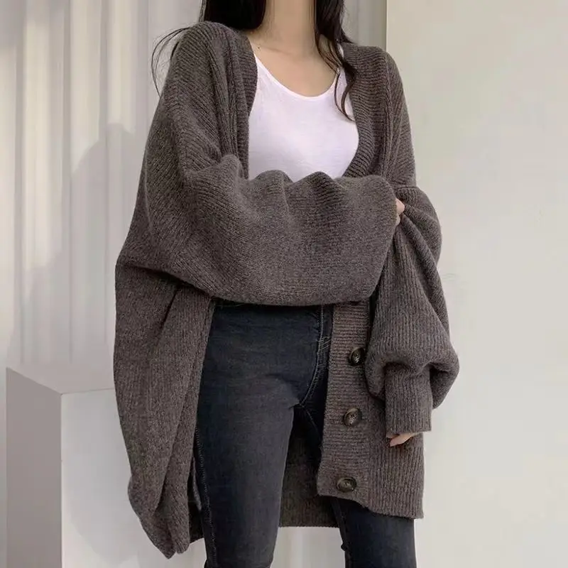 Women 2023 New Knitted Cardigan Sweater Plus-size Fall/winter Casual Slouchy V-neck Single-breasted Loose Balloon Sleeve Coat