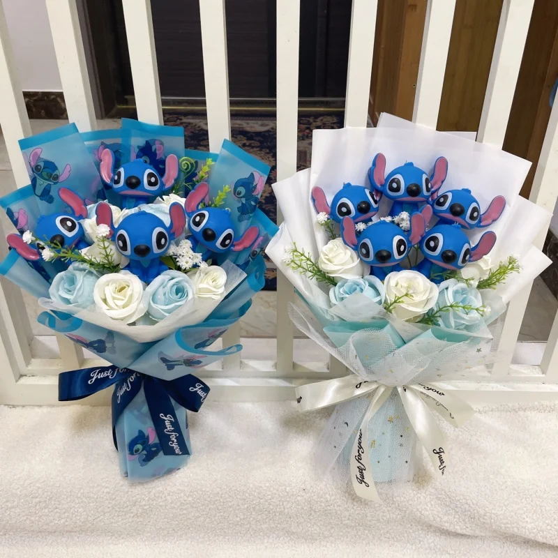 

Cartoon Vinyl Doll Stitch Action Figures With Artificial Flower Creative Bouquet Christmas Valentine Birthday Gifts For Girls