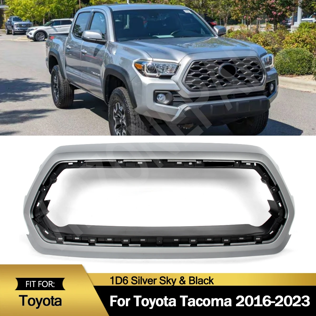 Fit For Toyota Tacoma 2016-2023 Front Grill Outer Frame Surround Shell Cover & Front Grill Bracket Holder Support Silver Sky 1D6