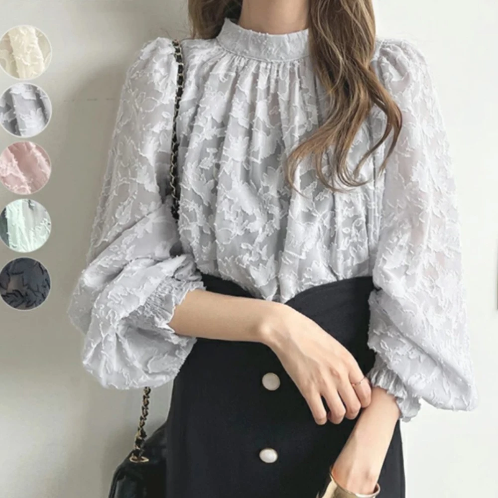 Elegant Solid Tulle Print Shirt Women Spring Summer Japanese Style Sweet Lantern Long Ruffles Elastic Cuff Sleeve Pullover