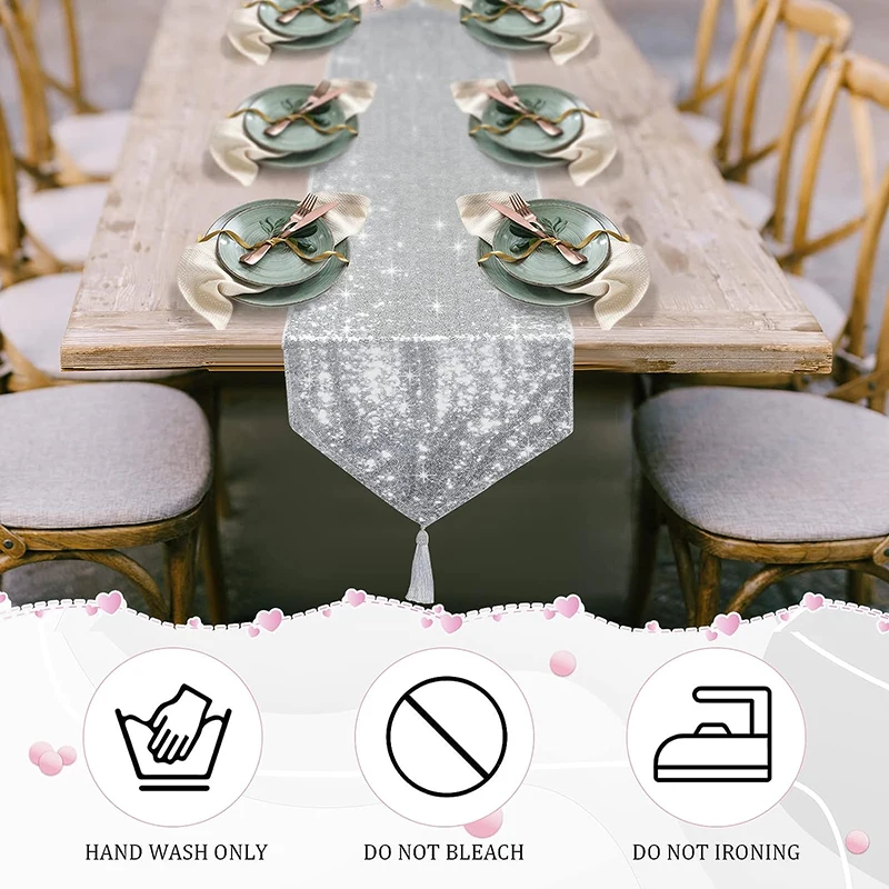 Silver Sequin Tassel Table Runner for Birthday Party Wedding Decoration Bride Baby Shower Christmas Halloween Dinner Table Decor