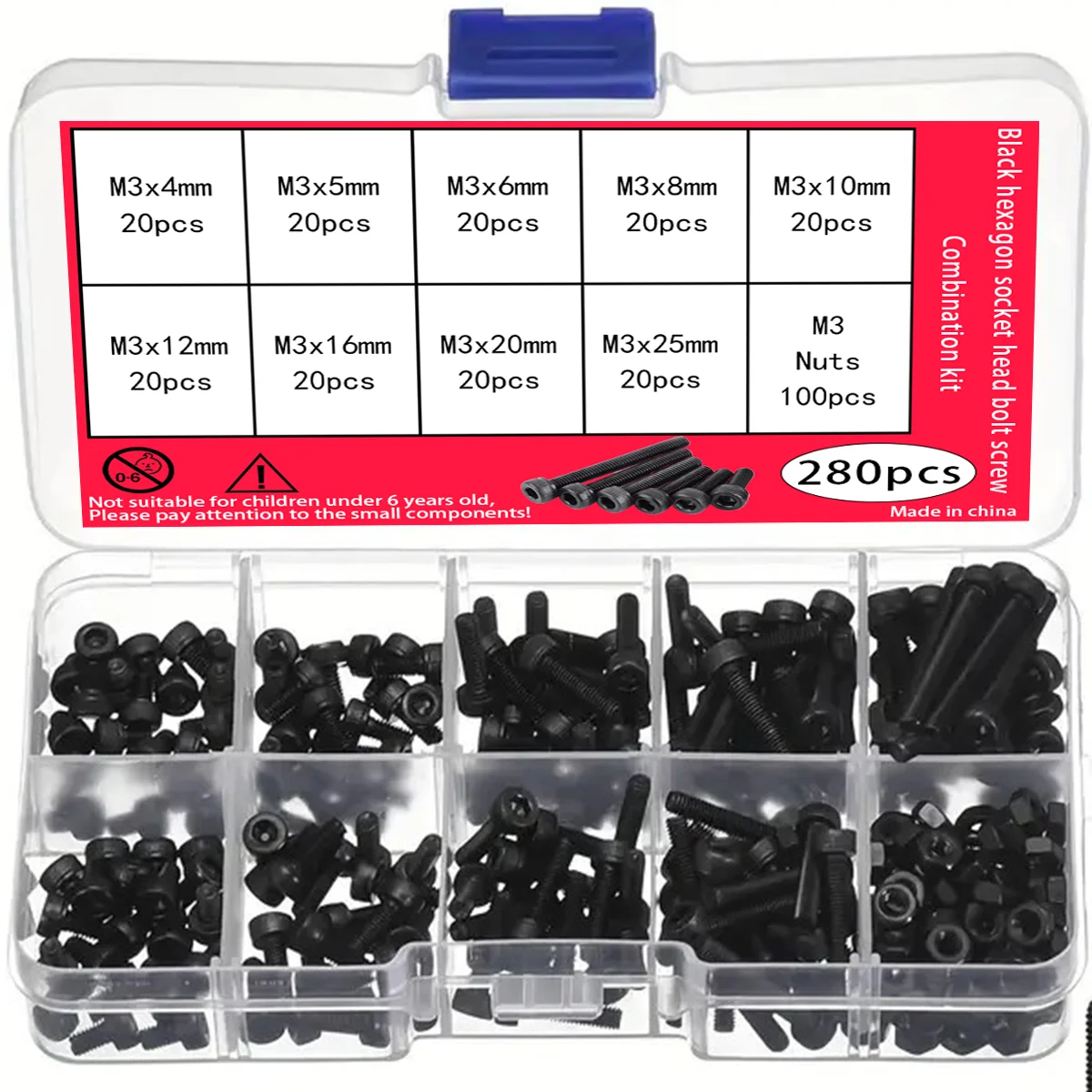 280-piece M3 socket head cap screw set, 12.9 grade alloy steel M3/4mm-25mm black hexagon socket head cap bolt and nut set