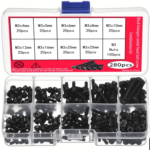 280-Piece M3 Socket Head Cap Screw Set, 12.9 Grade Alloy Steel M3/4mm-25mm Black Hexagon Socket Head Cap Bolt and Nut Set