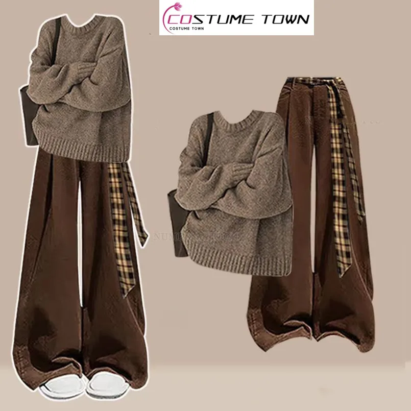 

Весенне-осенний комплект Meilad, женский свободный вязаный свитер в стиле вестерн + широкие повседневные брюки в стиле ретро, комплект из двух предметов