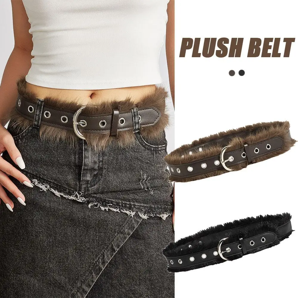 

1 x Y2k Casual Vintage Belt Faux Fur Waist Belt Plush PU Leather Patchwork Belt Pin Buckle Imitation Fur Metal Eyelet Waistband