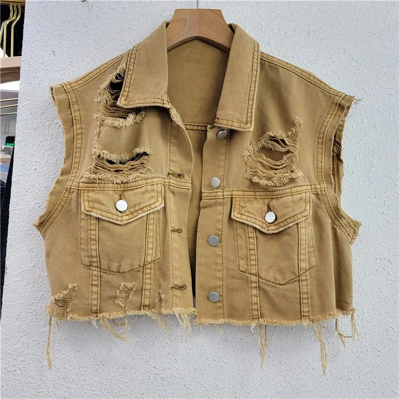 

Spring Summer Women Frayed Hole Denim Vest Slim Lapel Single-breasted Sleeveless Cowboy Waistcoat Cropped Jeans Jacket Coat