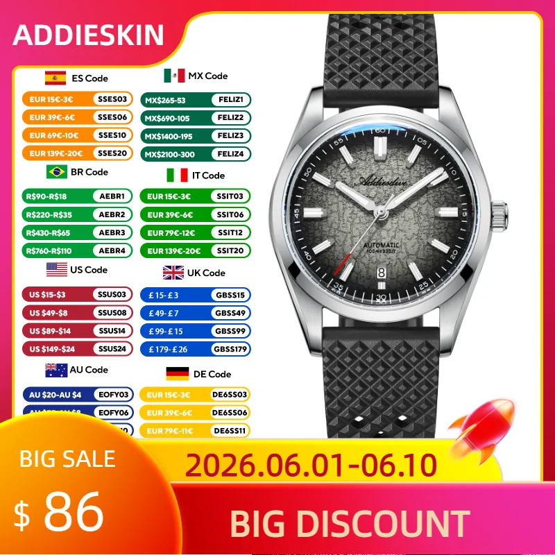 

ADDIESDIVE New Gradient Mens Watches Stainless Steel K1 Mineral Glass Domed Glass Automatic Mechanical Watch AD2531 Rubber Strap