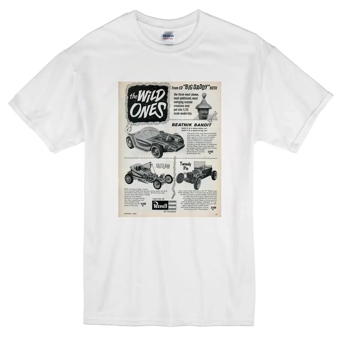 T Shirt 100% Cotton White Hot Rod Drag Race Ed Roth Ad Revell Beatnik Bandit