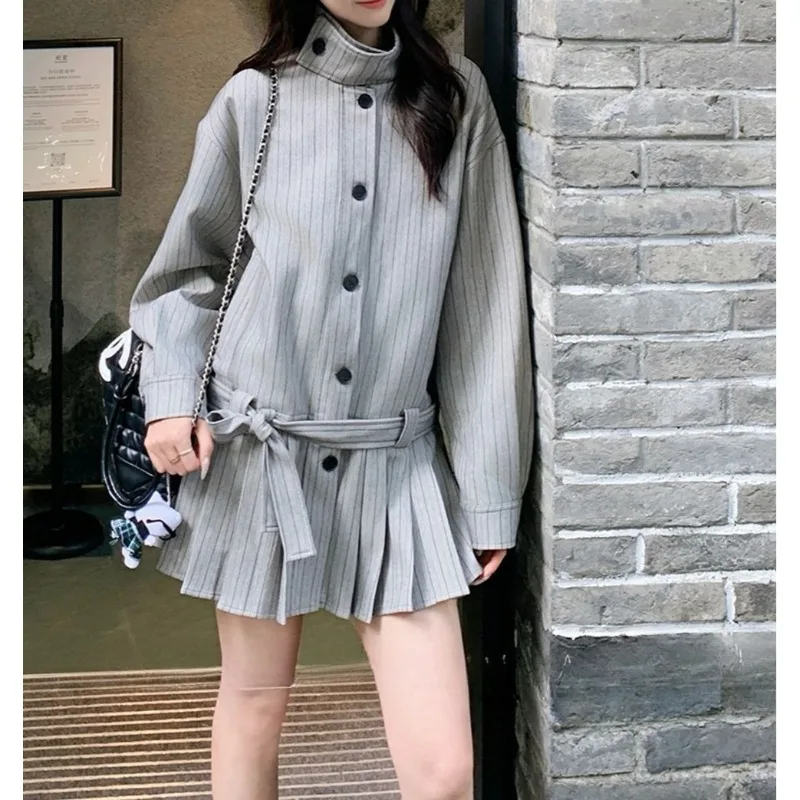 Autumn New Gray Striped Stand-up Collar Jacket Women's Skirt Pendulum Loose Commuter Casual Temperament Trench Coat