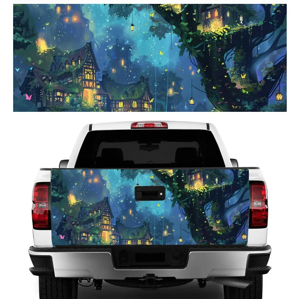 Beautiful Forest City Houses Print Car Tail Trunk Protect Vinly Decal Auto Accessories Hood Decor Sticker for Off-road Pickup