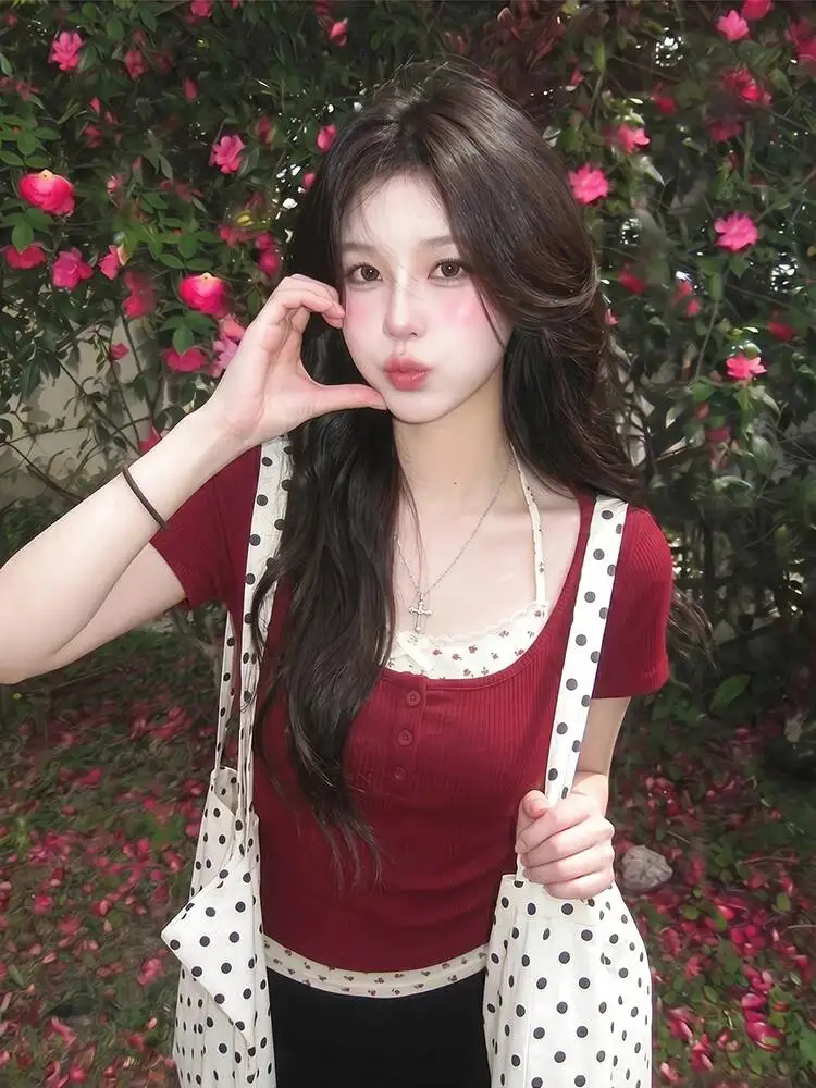 

Red Floral Print Split Neck Short Sleeve T-Shirt Women's Summer Slim Fit Asymmetrical Beautiful Small Top Korean Style Butter...