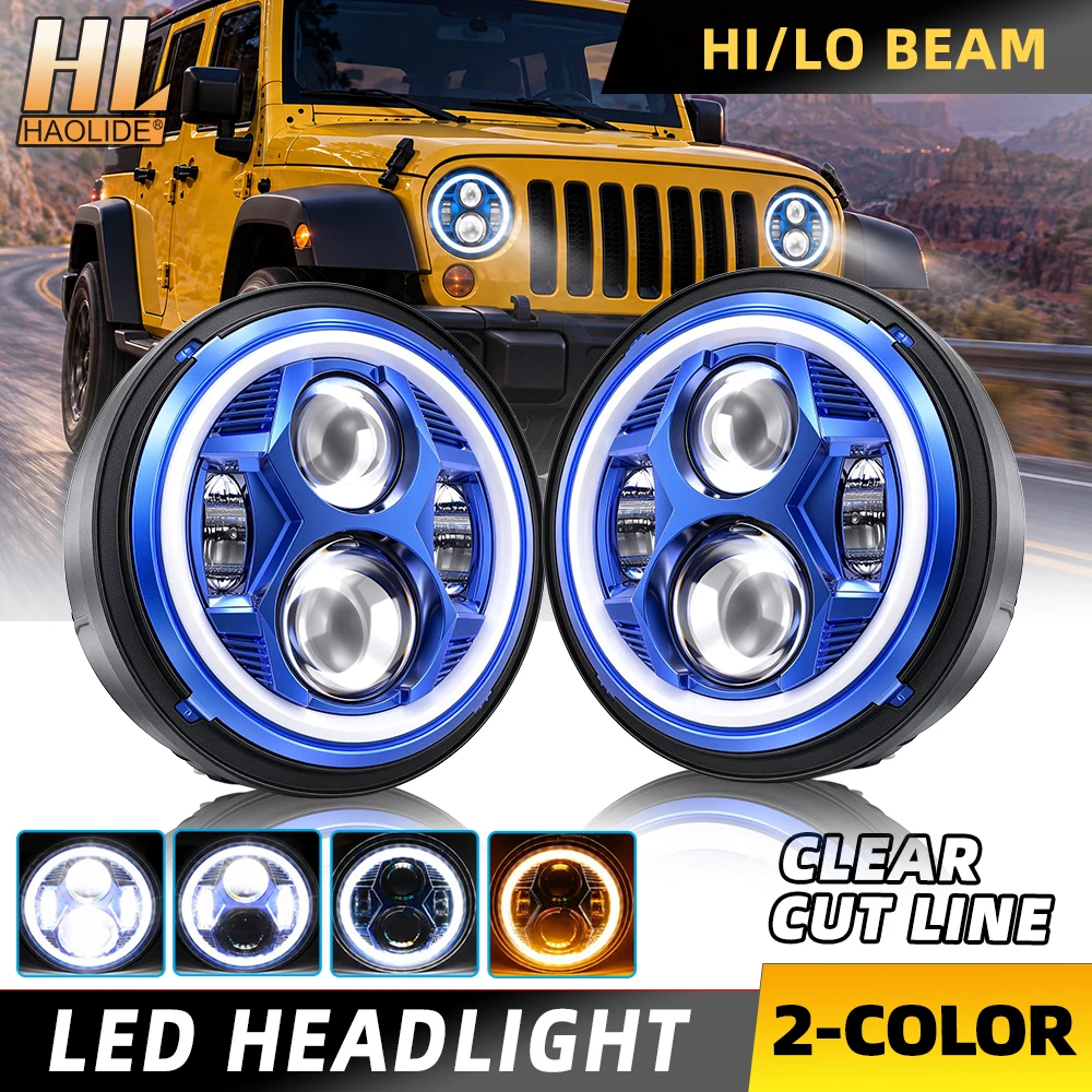 HAOLIDE 7 Inch LED Round Headlight 400% Brighter High Low Beam 6000k 3500K Blue LED Head Lamp For Wrangler JK TJ CJ off-road use