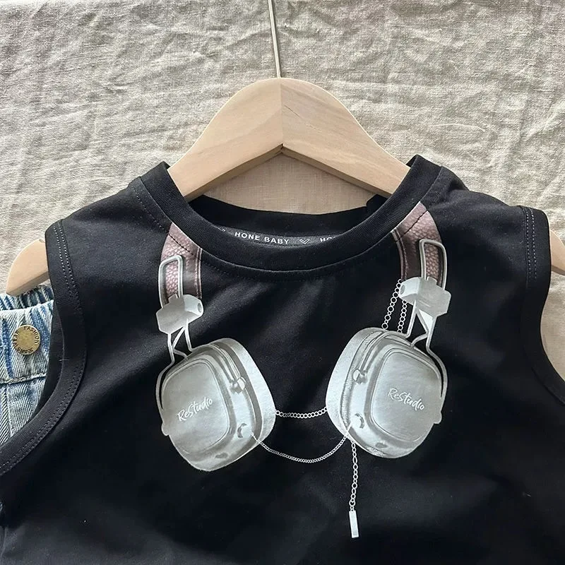 Boy\'s Cartoon Headphones Printed Sleeveless T-shirt Cotton Baby\'s Casual Korean Version Cool Handsome Little Street Vest