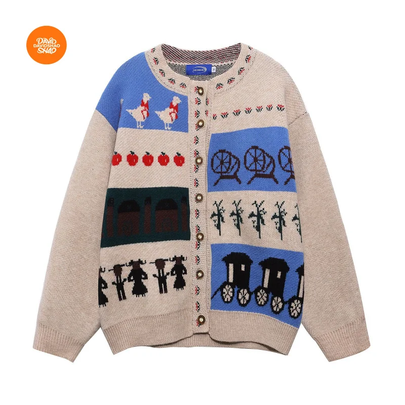 

DAVIDSHAO ЕС, США, размер, роскошная одежда высокого качества, ретро забавный мультяшный жаккардовый унисекс, оверсайз, осенне-зимний кардиган, свитер