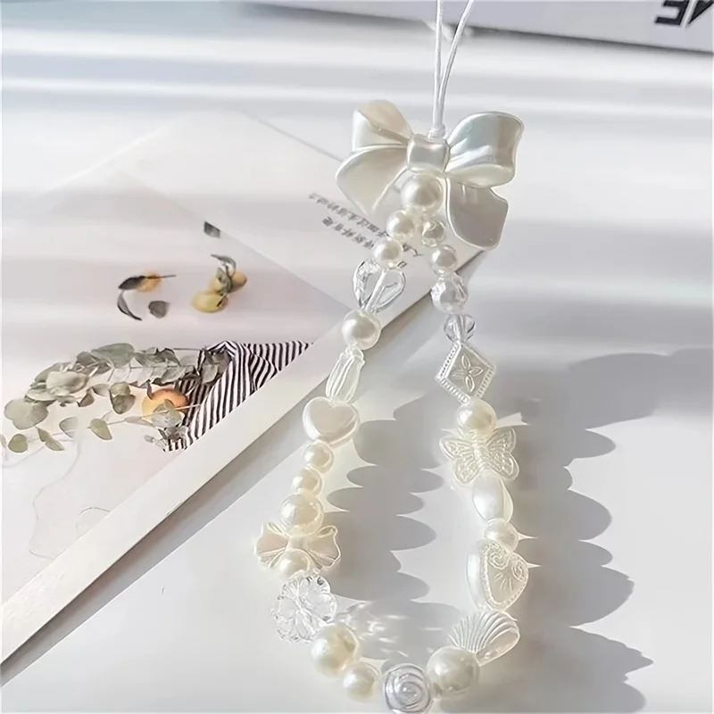 

Korea Cute Charm Love Heart Bowknot Phone Chains for Women Girl Telephone Jewelry Strap Beaded Lanyard Hanging Cord Additions